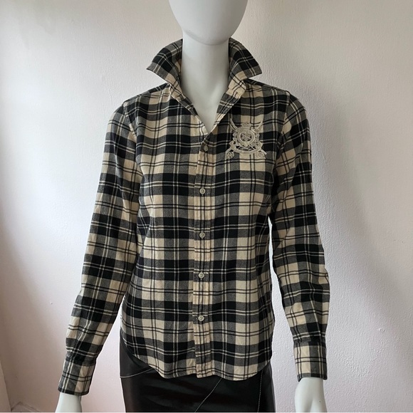 Ralph Lauren blue label cotton/wool button down plaid shirt w/beaded logo shield - Picture 2 of 11